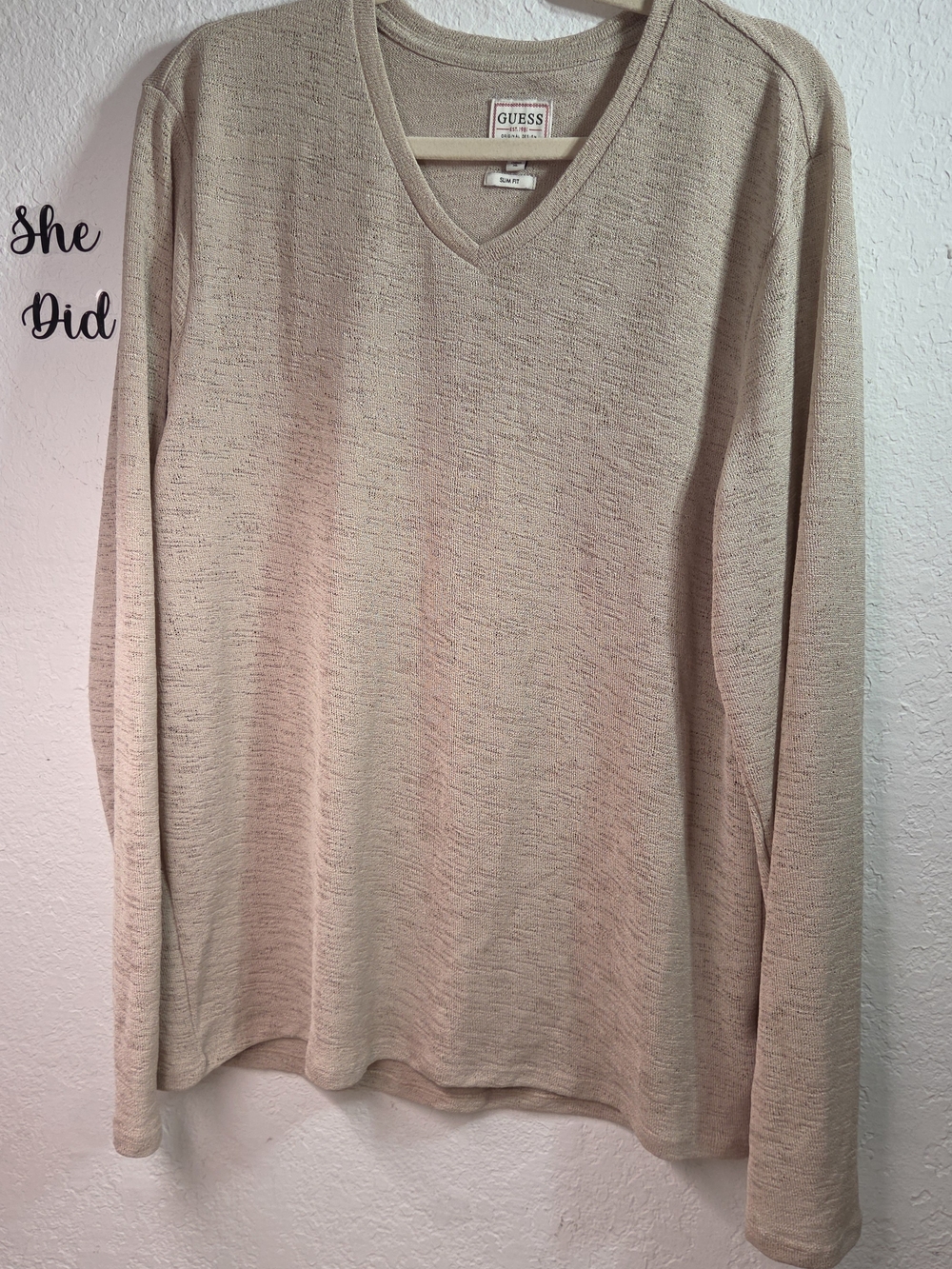 GUESS Original Design Beige Heather V-Neck Lightweight Sweater Size XL
